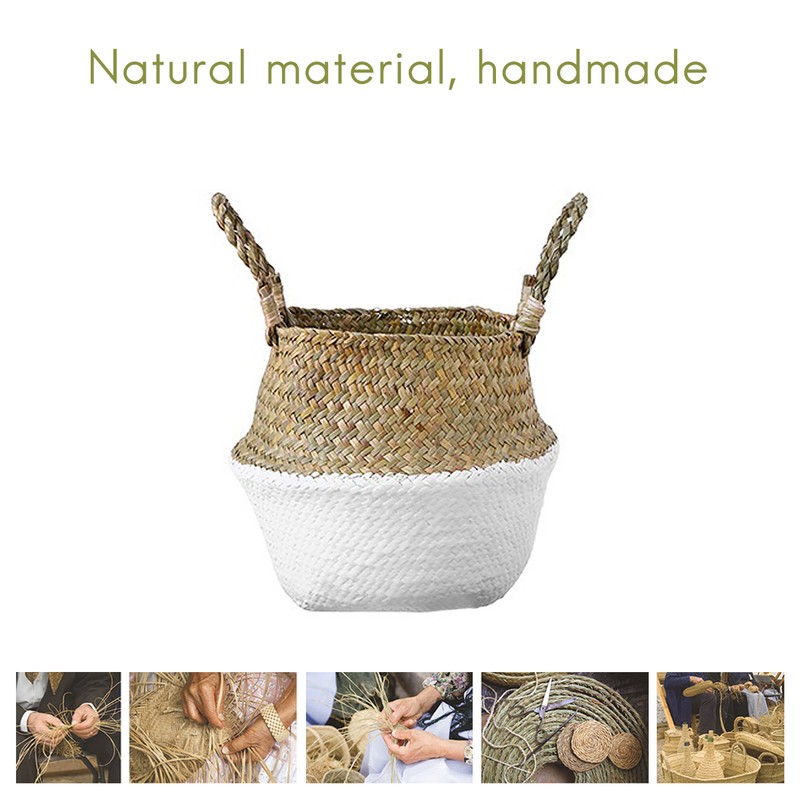 Foldable Storage Baskets Laundry Straw Patchwork Home Seagrass Belly Garden