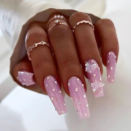TBRZTR Press on Nails Long Pink False Nails Square Fake Nails Artificial Acrylic Nails with Butterfly Rhinestones Design Full Cover Reusable Coffin Nails Glue on Nails for Women 24Pcs