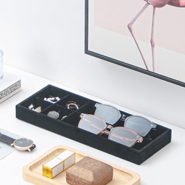 Divided Drawer Organizer Tray, Velvet Jewelry Storage Tray, Necklace Bracelet Ring Earring Display Tray,Bedside Nightstand Desk Holder Tray for Phone Watch Sunglasses Cosmetics Storage/Black/6grid