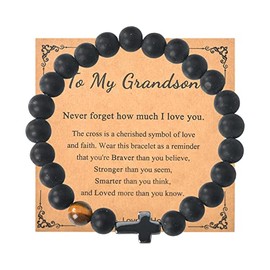 Grandson Gifts for Mens Beaded Cross Bracelets for Grandson Birthday Gifts for Grandson First Communion Gifts for Boys Gransons Tiger Eye Bracelet