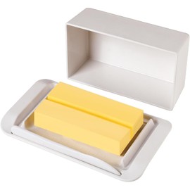 ECOWAY Bamboo Butter Dish with Lid and Knife, Large Butter Keeper for Countertop and Fridge, Holder Container for 2 Sticks East Coast/West Coast/European Style/Kerrygold Butter, Dishwasher Safe, White