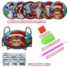 Syunyin Diamond Painting Coasters Christmas with Holder, Pack of 6 DIY Diamond Painting Christmas Adults Coffee Diamond Cup Coaster Kits for Adults, 5D Craft Drinks Coasters