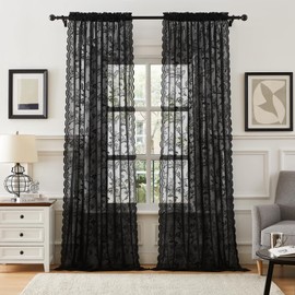SEEKRIGHT Black Lace Curtains 84 Inches Long Sheer Floral Curtains for Living Room Bedroom Rod Pocket Light Filtering Vintage Lotus Leaf Lace Fabric Curtain for Dining Room Neutral Goth Decor, 52x84