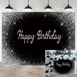 Birthday Backdrop Black and Glitter Silver Adult Party Photography Background Kids Men Women Happy Birthday Photo Decoration Banner (2,1 x 1,5 m)
