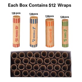 L LIKED 512 Assorted Preformed Coin Wrappers, Quarters, Pennies, Nickels and Dimes (512 Assorted)
