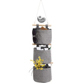 AARAINBOW 1 Pack Mini Cotton Linen Fabric Closet Detachable Foldable Washable Hanging Storage Bag with 3 Pockets Over The Wall Door Small Organizer for Room Bathroom (Gray)