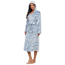 Local Stock Plush Oversize Winter Soft Warm Long Flannel Bathrobe with Hooded Women Thick Night Fleece Bath Robes DressingSize: S, Color: hooded light blue