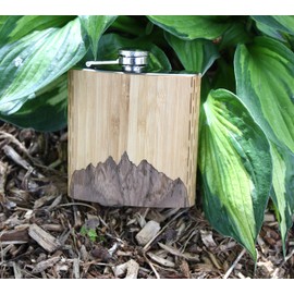 WUDN 6 oz. Wooden Hip Flask - Stainless Steel Body, Sawtooth Mountains Bamboo Sky