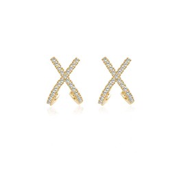 Reffeer Solid 925 Sterling Silver CZ Cuff Piercing Stud Earrings Wraps for Women Teen Girls X Criss Cross Cuff Earrings Huggie Hoops (B-18K Gold)