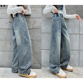 LittleXin Kids Girls' Fashion Elastic Waist Wide Leg Baggy Denim Pants Straight Washed Loose Jeans Age 5-14 Years(Blue4,8-9 Years)