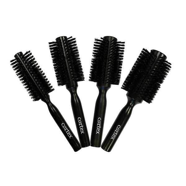 Cortex Professional 100% Boar Bristle Brushes For Women and Men - Round Hair Brush Wooden Handle For All Hair Types (Black 4-Piece Set)