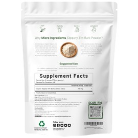 Micro Ingredients Sustainably US Grown, Organic Slippery Elm Bark Powder, 1 Pound (648 Servings), Helps Soothe The Throat and Coughing, No Irradiated, No Contaminated, No GMOs, Pet Friendly
