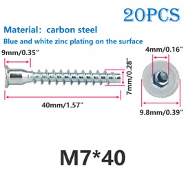 Qrity 20 PCS Confirmat Hexagon Socket Screws, M7x40mm Hex Socket Wood Screws, Countersunk Head Self Tapping Screws, Furniture Connecting Screw for Stable Connection