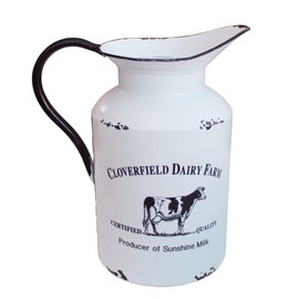 CVHOMEDECO. Primitive Rustic Galvanised Tin Milk Jug with Handle, Primitive Metal Jug Vase for Home and Garden Decor, Vintage White