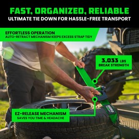Rhino USA Retractable Ratchet Straps (2-Pack) - 2 Inch x 10 Feet (3,033lb Break Strength) - Heavy Duty Auto Self Retracting Tie Down Straps for Truck, Cargo Trailer, Motorcycle, Rad & More - Green