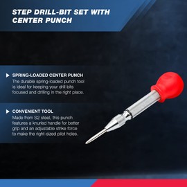 NEIKO 10169A Step Drill Bit Set and Automatic Center Punch | 5 Piece, 41 SAE Sizes Total, 1/8” – 1-3/8” | Titanium High Speed Steel Unibit, Stepper Cone Drill Bit | Two Flute Step Down Bits