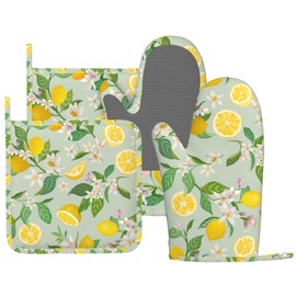 DYCBNESS Lemon Oven Mitts Pot Holders Set Silicone Lemon Paper Yellow Citrus Fruit Lemons Kitchen Oven Mitts Heat Resistant Potholders Non-Slip 4pcs Hot Pads and Oven Gloves Sets for Baking,Grilling