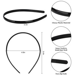 Amariver 12Pcs Plastic Headband for Women Black Headband Thin Plain Head Band Skinny Headband with Teeth DIY Hair Bands Teeth Comb Headbands Hair Accessories for Women Girls