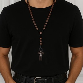 Cross Rosary Necklace, Catholic Necklace with Wooden Rosary, Natural Wood Prayer Chain Necklace, for Catholic Christians, Religious Communion, Baptism, Fair, Bible