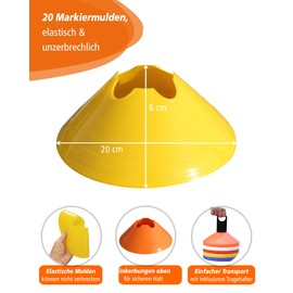 SPORTIKEL24 Marker Cones Set of 20 - Blue - Flexible Training Set with Carry Holder for Team Sports, School & Dog Training