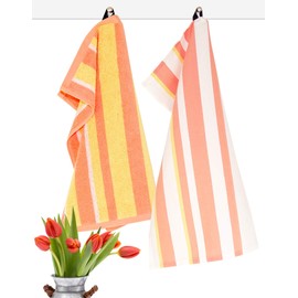 Lashuma 3 x kitchen towels striped yellow - peach, tea towels, half-linen, size: 50 x 70 cm