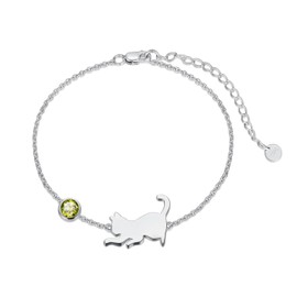 LONAGO Cat Bracelet 925 Sterling Silver Cute Cat with Birthstone Bracelet Jewellery for Women, Sterling Silver