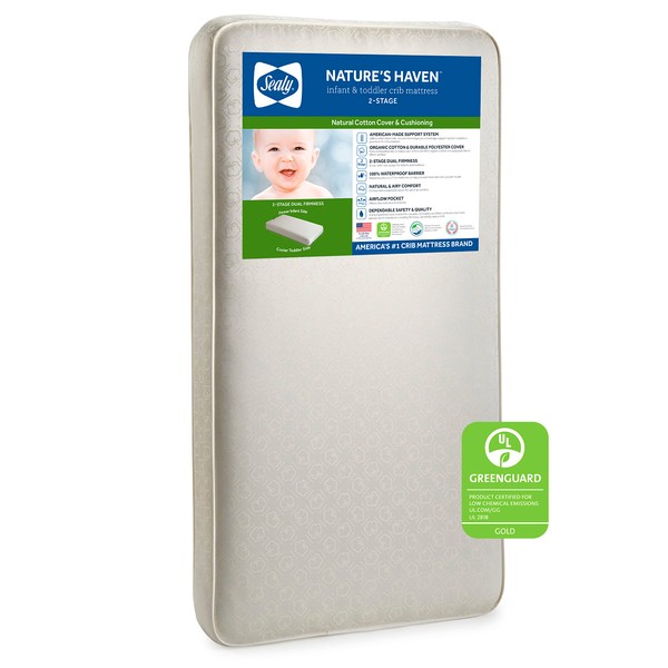 Sealy Nature's Haven 2-Stage Dual Firmness Baby Crib Mattress & Toddler Bed Mattress, Breathable Crib Mattress, Certified Organic Cotton, Extra Firm Coils, Air Quality Certified - Made in USA, 52"X28"