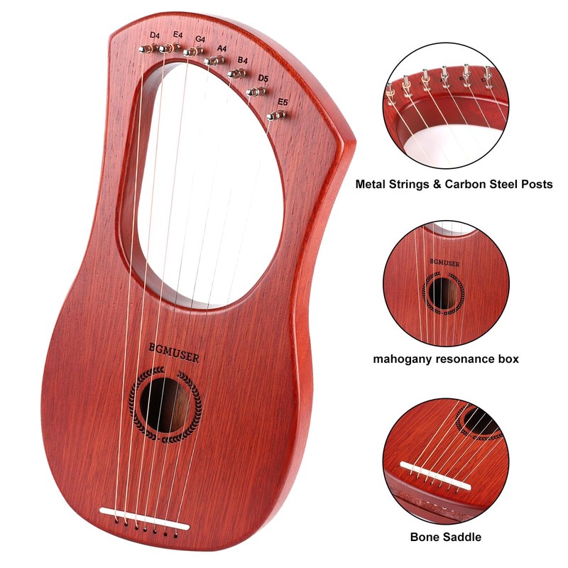 BGMUSER Lyre Harp 7 Strings with Bag,Tuning Wrench,Metal Strings, Mahogany