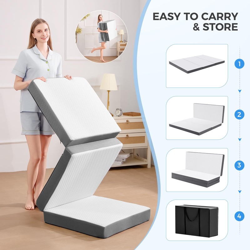 MASVIS Trifold Mattress, 4 Inch Memory Foam Foldable Mattress with
