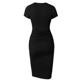 Missufe Women's Ruched Bodycon Sundress Knee Length Sheath Casual T Shirt Dress (Black, Large)