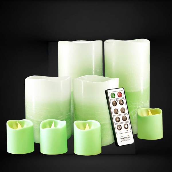 Furora LIGHTING LED Flameless Candles with Remote – Battery-Operated Flameless Candles Bulk Set of 8 Fake Candles – Small Flameless Candles & Christmas Centerpieces for Tables, Green Ombre