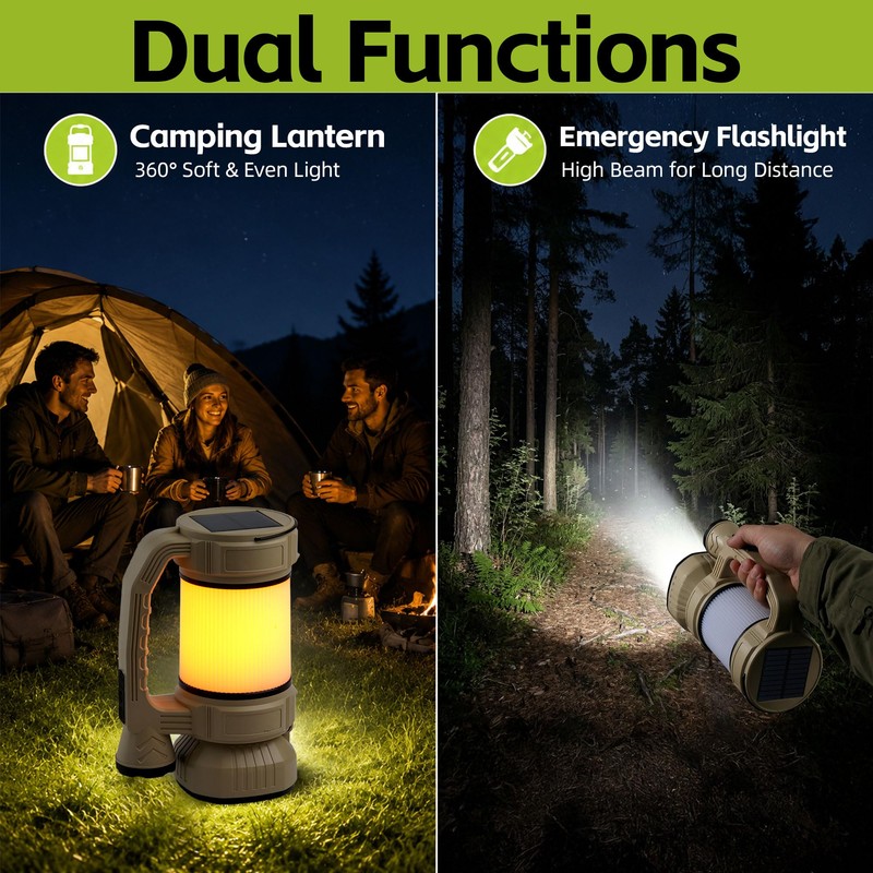Solar Powered Portable LED Camping Lantern with Fan, Green, USB