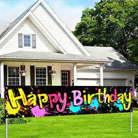 BlissYard Happy Birthday Banner Colorful Graffiti Paint Splashes Neon Wall Hanging Banner 118x20 Inches for Birthday Party Kids Celebration Event Outdoor Yard Wall Decor