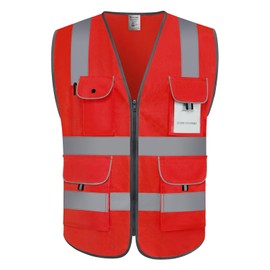 Uno Mejor High Visibility Vest with 9 Pockets Safety Vest for Men Women, Hi Vis Vest with Reflective Strips, Reflective Vest for Construction, Meets ANSI, XG100-Red 4X-Large