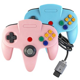 PGYFDAL 2 Pack Classic N64 Controller, Wired Gamepad Upgraded Joystick Compatible with N64 Console, Ergonomic M-Shaped Design for Multiplayer Gaming (Black & Pink)