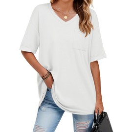 HOTOUCH Women V Neck Tees Oversized T Shirts Short Sleeve Tee Shirts Loose Fit Tops with Pocket 2025 White M