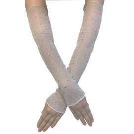 Gloritmo Women's Long Fingerless Sheer Gloves Rhinestone Elbow Length Mesh Tulle Arm Sleeves for Opera Wedding Prom Party A/Silver