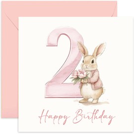 2nd Birthday Greeting Card for Girl - Pink Bunny Rabbit with Watercolour 2 Design - Baby Granddaughter Bday Cards - For Granddaughter Goddaughter Niece Sister - Keepsake Gifts for Second Birthday