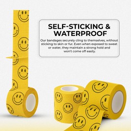JorVet 2 Inches Cohesive Bandages | Fun Self-Adhesive Wrap for Animal Wound Care | Easy Tear, No Scissors Needed | Individually Wrapped Vet Tape, Secure & Flexible | Smiley Face Yellow | Pack of 12