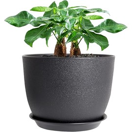 12inch Large Plant Pot, Modern Plastic Planter with High Driange Holes and Saucer for Indoor Outdoor Garden Plants and Flowers, Black