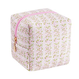 JOVAKIT Cubic Shaped Quilted Makeup Bag Cosmetic Bag for Women, Floral Coquette Cotton Cube Travel Makeup Case Zipper Make Up Pouch, Travel Storage Organizer (Pink Floral)