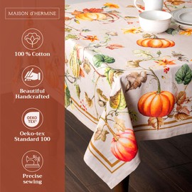 Maison d' Hermine 100% Cotton Table Cover - 54"x54" Square Decorative Tablecloth - Washable Tablecloths for Dining, Home, Farmhouse & Party - Ideal for Thanksgiving & Christmas - Potiron Collection