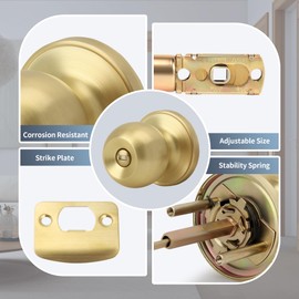 Moquin Round Ball Style Privacy Brushed Gold Door Knob, No Key Interior Door Knob, Turn Thumb Locking Doorknob for Bedroom Bathroom, Satin Brass Finish