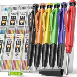 6 Pack Upgraded 3-IN-1 Carpenter Pencil Set with Finger Grip, Construction Pencils with 54 Refill & Mini Spirit Level, Deep Hole Carpenter Tool, Mechanical Carpenter Pencil for Woodworking - Colour: 1 PACK