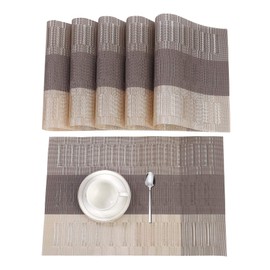 ISIYINER Place Mats, Set of 6, Non-Slip, Washable, PVC, Tear-Resistant, Heat Resistant, Place Mats for Home Restaurant Dining Table (Brown/Silver)