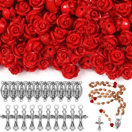 140 piezas de suministros para hacer rosario, abalorio de rosas talladas, abalorio de flores, kit de rosario, centro de mesa, medalla de crucifijo, abalorio de rosas de 8 mm, colgante de plata de