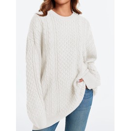 Saodimallsu Womens Oversized Sweaters Chunky Cable Knit Crewneck Long Sleeve Loose Tunic Sweater Tops White