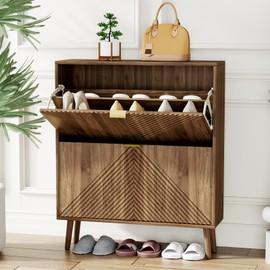 oakvivo Shoe Cabinet with 2 Flip Drawers, 31.5" Walnut Narrow Hidden Shoe Storage Cabinet, Freestanding Shoe Rack Organizer with Wooden Legs, Farmhouse Slim Shoe Storage for Entryway, Foyer, Hallway