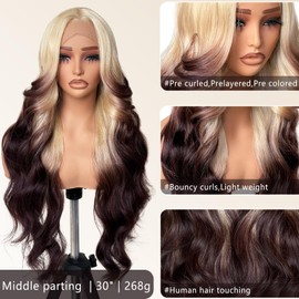 FABÉLLE Ombre Blonde Brown strunk Lace Front Wig Synthetic Blonde Ombre Platinum Highlight Body Wave HD Lace Frontal Glueless Pre Plucked Bleached Knots 30 Inch