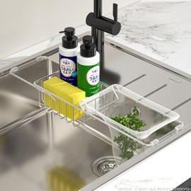 ZENTOU No Installation Required Stainless Steel Dish Drainer Net Holder No Thunk Corner No Triangle Corner Freestanding Net Holder Extendable 12.6 - 17.7 inches (32 - 45 cm) with Sponge Holder